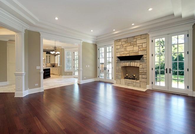 traditional dining room with polished wood floor